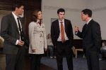 BONES:  L-R:  Booth (David Boreanaz), Brennan (Emily Deschanel) and Sweets (John Francis Daley) meet with Dr. Copeland (guest star Joshua Malina, R) when they investigate the the murder of man who was committed to a mental-health facility in the BONES episode "The Devil in the Details" airing Thursday, Feb. 4 (8:00-9:00 PM ET/PT) on FOX.  ©2010 Fox Broadcasting Co.  Cr:  Greg Gayne/FOX